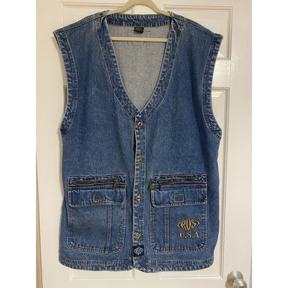 Vintage 90s TRUST USA Denim Oversized Utility  Vest Hip Hop Skate Streetwear XL